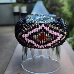 Handmade Beaded Bracelet – Black, Gold, Pink‎ & Red Geometric Pattern